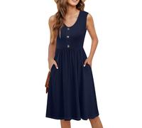 Sommerkleid Damen Knielang A Linie Kleider Damen Sommer Elegant Ohne Ärmel Sommerkleider Frauen Leicht Und Luftig Strand Kleid Mit Knopfleiste Damenkleider mit Taschen Strandkleid