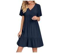 Sommerkleid Damen Knielang A Linie Strandkleid Sommer Kurzarm Kleid Boho V-Ausschnitt Minikleid Rüschen Saum Swing Kleider Einfarbig Plissee Blusenkleid Luftig Freizeitkleid Elegant Strandkleid