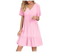 Sommerkleid Damen Knielang A Linie Strandkleid Sommer Kurzarm Kleid Boho V-Ausschnitt Minikleid Rüschen Saum Swing Kleider Einfarbig Plissee Blusenkleid Luftig Freizeitkleid Elegant Strandkleid