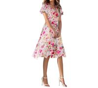 Sommerkleid Damen Knielang Blumen Midikleid Elegant A-Linien Kleider Sommer Schickes Kleid Kurzarm V Ausschnitt Blumenkleid Midi Sommerkleider Frauen Leicht Und Luftig Strandkleid Schwingen
