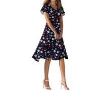 Sommerkleid Damen Knielang Blumen Midikleid Elegant A-Linien Kleider Sommer Schickes Kleid Kurzarm V Ausschnitt Blumenkleid Midi Sommerkleider Frauen Leicht Und Luftig Strandkleid Schwingen