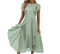Sommerkleid Damen Knielang Chiffon Kleid Sexy V-Ausschnitt Partykleid mit Spizen Kurzarm Abendkleid Hoch Taille Vintage Swing Brautkleid Regenbogen Kleid Damen 5-Green,XL