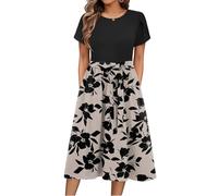 Sommerkleid Damen Knielang Elegant Blumen Kleid Damen Sommer A Linie Sommerkleider Leicht Und Luftig Strandkleid Frauen Tailliert Damenkleider Kurzarm Kleider mit Gürtel Blumenkleid