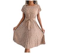 Sommerkleid Damen Knielang Elegant Blumen Kleid Damen Sommer A Linie Sommerkleider Leicht Und Luftig Kleider Frauen mit Ärmel Plissee Damenkleider mit Gürtel Blumenkleid Plisseekleid