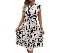 Sommerkleid Damen Knielang Elegant Kleider Damen Sommer A Linie mit Ärmel Blumen Sommerkleider Leicht Und Luftig Plisseekleid Frauen mit Gürtel Damenkleider Schick Plissee Kleid