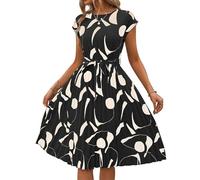 Sommerkleid Damen Knielang Elegant Kleider Damen Sommer A Linie mit Ärmel Blumen Sommerkleider Leicht Und Luftig Plisseekleid Frauen mit Gürtel Damenkleider Schick Plissee Kleid