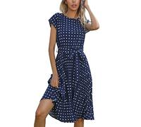 Sommerkleid Damen Knielang Elegant Kleider Damen Sommer A Linie mit Ärmel Sommerkleider Leicht Und Luftig Plisseekleid Frauen Punkte mit Gürtel Damenkleider Schick Plissee Kleid