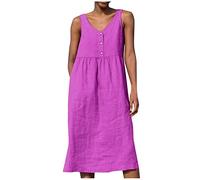 Sommerkleid Damen Knielang Elegant Musselin Kleid Damen Sommer A Linie Sommerkleider Leicht Und Luftig Kleider Frauen Ärmellos mit Knopfleiste Damenkleider Einfarbig Weite Strandkleid