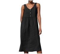 Sommerkleid Damen Knielang Elegant Musselin Kleid Damen Sommer A Linie Sommerkleider Leicht Und Luftig Kleider Frauen Ärmellos mit Knopfleiste Damenkleider Einfarbig Weite Strandkleid