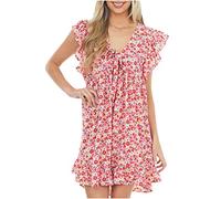 Sommerkleid Damen Knielang Geschenke für Frauen Loose Bohemian Ärmellos Blumendruck Lange Kleider Elegant Kurzarm Kurz Kleid Sommer Party Clubkleid Spaghettiträger Boho Kleid Sommerkleid Partykle