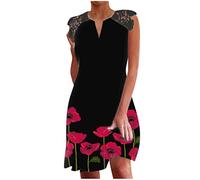 Sommerkleid Damen Knielang Geschenke für Frauen Vintage Spitzenkleid Hochzeit Chiffon Faltenrock Langes Kleid Midilänge Ärmellos Swing Kleid Blumen Strandkleid mit Taschen Leinen Kleider Casual V