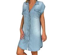 Sommerkleid Damen Knielang - Jeanskleid Damen Sommer Lang Denimkleider V-Ausschnitt Kurzarm Blusenkleider Maxikleid Einfarbig Freizeitkleider mit Taschen Strandkleid Swing Kleid (a-Blue, XXL)