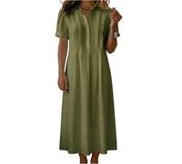 Sommerkleid Damen Knielang, Kleider Ballkleider Lang Locker V-Ausschnitt Kurzarm Blusenkleid Sommer Kleid Einfarbige Rever Plissee Midikleid Freizeitkleid Elegant A Linie Partykleid (Grün, L)