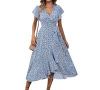 Sommerkleid Damen Knielang Kurzarm Blusenkleid Elegant V-Ausschnitt Midikleid Casual Wickelkleid Strandkleid mit Taschen