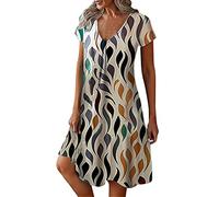 Sommerkleid Damen Knielang Kurzarm V-Ausschnitt Kleid High Waist Volantkleider Boho Strandkleider Vintage Partykleid Für Alltag Strandkleid Damen Lang