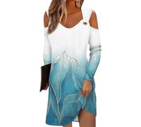 Sommerkleid Damen Knielang Langarm Blumen Bedruckt Strandkleid V-Ausschnitt Rückenfrei Hippie Kleid Mit Breiten Trägern Cold Shoulder Urlaub Kleider Leicht Luftig Shirtkleid Spaghetti Midikleid