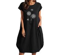 Sommerkleid Damen Knielang - Leinenkleid Damen Sommer - Lässig Loose Freizeitkleid Kurzarm Kleider mit Taschen - Große Größen Printkeid Damenkleid Sommer Kleider für Damen