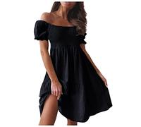 Sommerkleid Damen Knielang Musselin Kleid Elegant A Linie Gesmoktes Kleider Hohe Taille Schicke Sommerkleider Damen Leicht Und Luftig Strandkleid Schulterfrei Partykleid Volant Mit Ärmeln