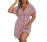 Sommerkleid Damen Knielang Sale Damen Kleider Sommer Gestreiftes Damenkleid in Übergröße mit V-Ausschnitt und kurzen Ärmeln in A-Linie Schwarzes Kleid Eng Kurz jeanskleid Damen Sommer