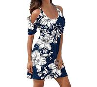 Sommerkleid Damen Knielang - Schulterfreies Träger Kleid Sexy -Strandkleid Damen Sommer Blumen Druck Swing Schicke Beach Cover Up Kleider Blusenkleid Shirtkleider Trägerkleid