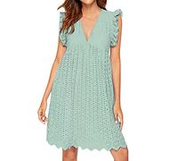 Sommerkleid Damen Knielang - Sexy Kleid Damen V Ausschnitt -Strandkleid Damen Sommer Minikleid Rüschen Ärmellos Spitzen Jacquard Cut Out mit Liner Shorts Tasche Lässiges Lockeres Kleider Große Größen