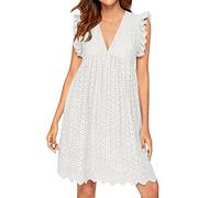 Sommerkleid Damen Knielang- Spitzen Kleid Damen mit Hose Drunter, Strandkleid Damen Sommer V Ausschnitt Spitze Jacquard Cutout Große Größen Tunika Kleider Lässig Locker Blusenkleid Freizeitkleid