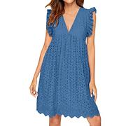 Sommerkleid Damen Knielang - Spitzen Kleid Damen mit Hose Drunter Strandkleid Sommer V-Ausschnitt Spitze Jacquard Cutout Große Größen Tunika Kleider Lässig Locker Blusenkleid Freizeitkleid