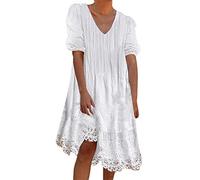 Sommerkleid Damen Knielang, Strandkleid Damen Spitzenkleid- Boho Kleid Damen Sommer V-Ausschnitt Pompons Jacquard A Linien Kleider Elegant Midikleid Blusenkleid Partykleid Freizeitkleid Frauen