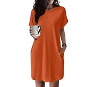 Sommerkleid Damen Knielang - T Shirt Kleid Damen Kurzarm Strandkleid Sommer Tunika Kleider Elegant mit Taschen Rundhals Lockerer Einfarbig Weich Shirtkleid Midikleid Freizeitkleid für Fauen