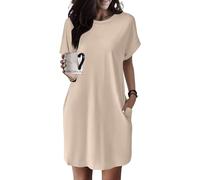 Sommerkleid Damen Knielang - T Shirt Kleid Damen Kurzarm Strandkleid Sommer Tunika Kleider Elegant mit Taschen Rundhals Lockerer Einfarbig Weich Shirtkleid Midikleid Freizeitkleid für Fauen