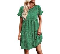 Sommerkleid Damen Knielang,Volantkleider Damen Sommer-Mini Kleider Damen Elegant Boho Volant-Kleid Kurzarm Polka Dot Blumenkleid Strandkleid Kurz Freizeitkleid Rüschen Sommerkleider Große Größen