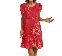 Sommerkleid Damen Kurz A Linie Blumen Kleider Damen Sommer Elegant Chiffon Kleid Frauen mit Ärmel Sommerkleider Leicht Schickes Damenkleider Kurze Ärmel Chiffonkleid Leopard Stufenkleid