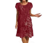 Sommerkleid Damen Kurz A Linie Blumen Kleider Damen Sommer Elegant Chiffon Kleid Frauen mit Ärmel Sommerkleider Leicht Schickes Damenkleider Kurze Ärmel Chiffonkleid Leopard Stufenkleid