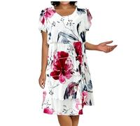 Sommerkleid Damen Kurz A Linie Blumen Kleider Damen Sommer Elegant Chiffon Kleid Frauen mit Ärmel Sommerkleider Leicht Schickes Damenkleider Kurze Ärmel Chiffonkleid Leopard Stufenkleid