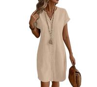 Sommerkleid Damen Kurz A Linie Blusenkleid Damen Sommer Elegant Tunika Kleid mit Ärmel Kurzarm Sommerkleider Leicht Kleider Frauen V Ausschnitt Einfarbig Damenkleider mit Knopfleiste