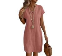 Sommerkleid Damen Kurz A Linie Blusenkleid Damen Sommer Elegant Tunika Kleid mit Ärmel Kurzarm Sommerkleider Leicht Kleider Frauen V Ausschnitt Einfarbig Damenkleider mit Knopfleiste