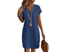 Sommerkleid Damen Kurz A Linie Blusenkleid Damen Sommer Elegant Tunika Kleid mit Ärmel Kurzarm Sommerkleider Leicht Kleider Frauen V Ausschnitt Einfarbig Damenkleider mit Knopfleiste