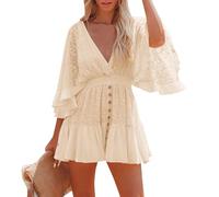 Sommerkleid Damen Kurz A Linie Spitzenkleid Elegant Kleider Sommer Boho Rüschen Strandkleid Rückenfrei Schnürung Minikleid Lochstickerei Sommerkleider Leicht Luftig Kleid Frauen V Ausschnitt