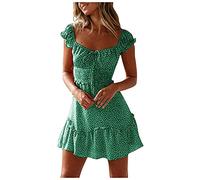Sommerkleid Damen Kurz ,Blumen Rüschen Kleid Damen Sommer,Minikleid Damen Sexy Blumenkleid Elegant Blumen Drucken Kleider Swing A Linie Party Minikleider Casual Locker Plissiertes Freizeitkleid 2024