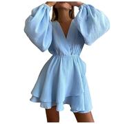 Sommerkleid Damen Kurz Einfarbig Rüschen Mini Dress V-Ausschnitt Puff Langarm Tunika Kleid Hohe Taille Sommerkleider Damen Leicht und Luftig Solide Kleid Sommer Elegant Rüschen Swing Freizeitkleid