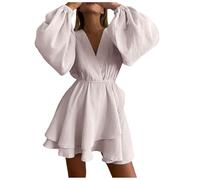 Sommerkleid Damen Kurz Einfarbig Rüschen Mini Dress V-Ausschnitt Puff Langarm Tunika Kleid Hohe Taille Sommerkleider Damen Leicht und Luftig Solide Kleid Sommer Elegant Rüschen Swing Freizeitkleid