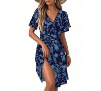 Sommerkleid Damen Kurz Elegant Blumen Kleid Damen Sommer A Linie Wickelkleid Curvy V Ausschnitt Strandkleid Leicht Und Luftig Kleider Frauen mit Ärmel Blumenkleid Kurzarm Damenkleider