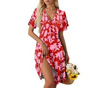 Sommerkleid Damen Kurz Elegant Curvy Kleid Damen Sommer Blumen A Linie Strandkleid Leicht Und Luftig Kleider Frauen V Ausschnitt Wickelkleid Tailliert Blumenkleid Geblümt Damenkleider