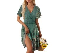 Sommerkleid Damen Kurz Elegant Curvy Kleid Damen Sommer Blumen A Linie Strandkleid Leicht Und Luftig Kleider Frauen V Ausschnitt Wickelkleid Tailliert Blumenkleid Geblümt Damenkleider