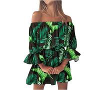 Sommerkleid Damen Kurz Elegant Trägerloses Blumendruck Kleid Off Shoulder Minikleid Sexy Partykleid Freizeitkleid Dating-Kleid Casual Loose Sommerkleider Rüschenkleid 00a Grün XXL