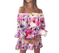 Sommerkleid Damen Kurz Elegant Trägerloses Blumendruck Kleid Off Shoulder Minikleid Sexy Partykleid Freizeitkleid Dating-Kleid Casual Loose Sommerkleider Rüschenkleid 00g Pink XL