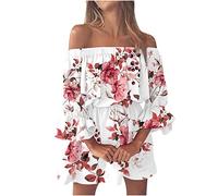 Sommerkleid Damen Kurz Elegant Trägerloses Blumendruck Kleid Off Shoulder Minikleid Sexy Partykleid Freizeitkleid Dating-Kleid Casual Loose Sommerkleider Rüschenkleid 00a Wassermelone Rot XL