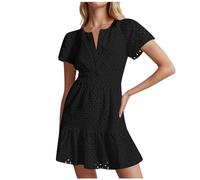 Sommerkleid Damen Kurz Kleid A Linie Damen Strandkleider V-Ausschnitt Minikleid Aushöhlen Bestickt Rüschen Kleider Bodycon Strandkleid Casual Wickelkleid Komfortabel Freizeitkleider Partykleid