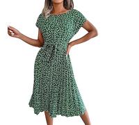 Sommerkleid Damen Kurz Kleider Frauen Sommerkleider Knielanges Boho A-Linien Kurzes Tunika Plissiertes Kleid Damen Sommer Strandkleid Casual Swing Midi Süße Kleider Strandkleider Damen Sommer Grün M