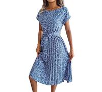 Sommerkleid Damen Kurz Kleider Frauen Sommerkleider Knielanges Boho A-Linien Kurzes Tunika Plissiertes Kleid Damen Sommer Strandkleid Casual Swing Midi Süße Kleider Strandkleider Damen Sommer Blau L